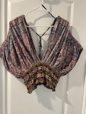 Free People Pink & Olive Boho Smocked Crop Top